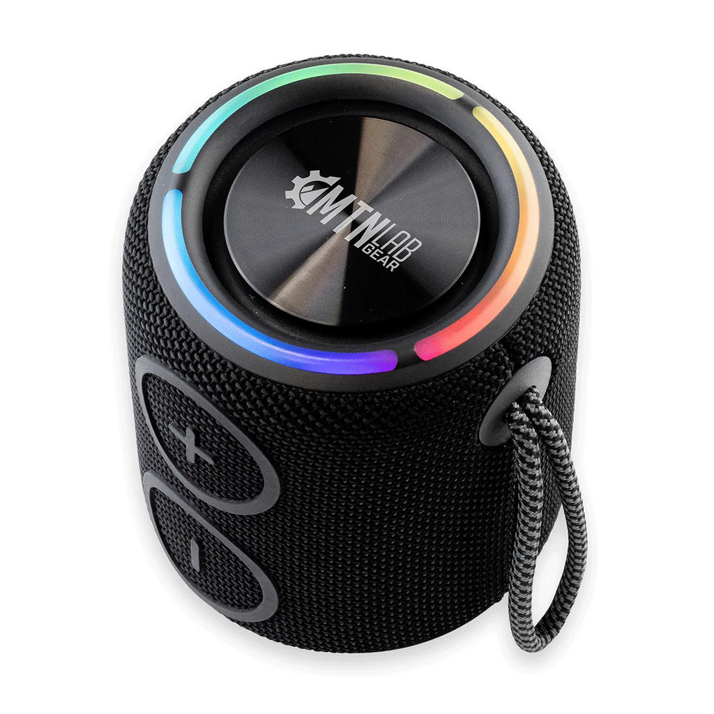 Black portable speaker with colorful LED ring on a white background