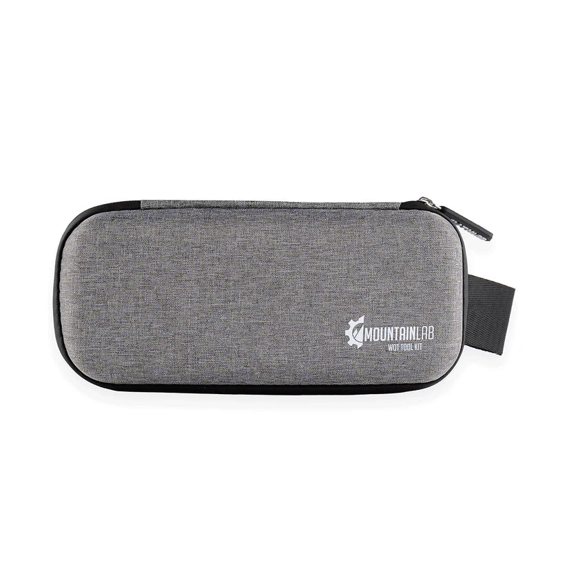 Gray zippered pouch with 'Mountain Lab' branding on a white background
