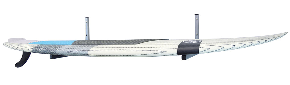 Longboard with a white deck and black sides on a white background