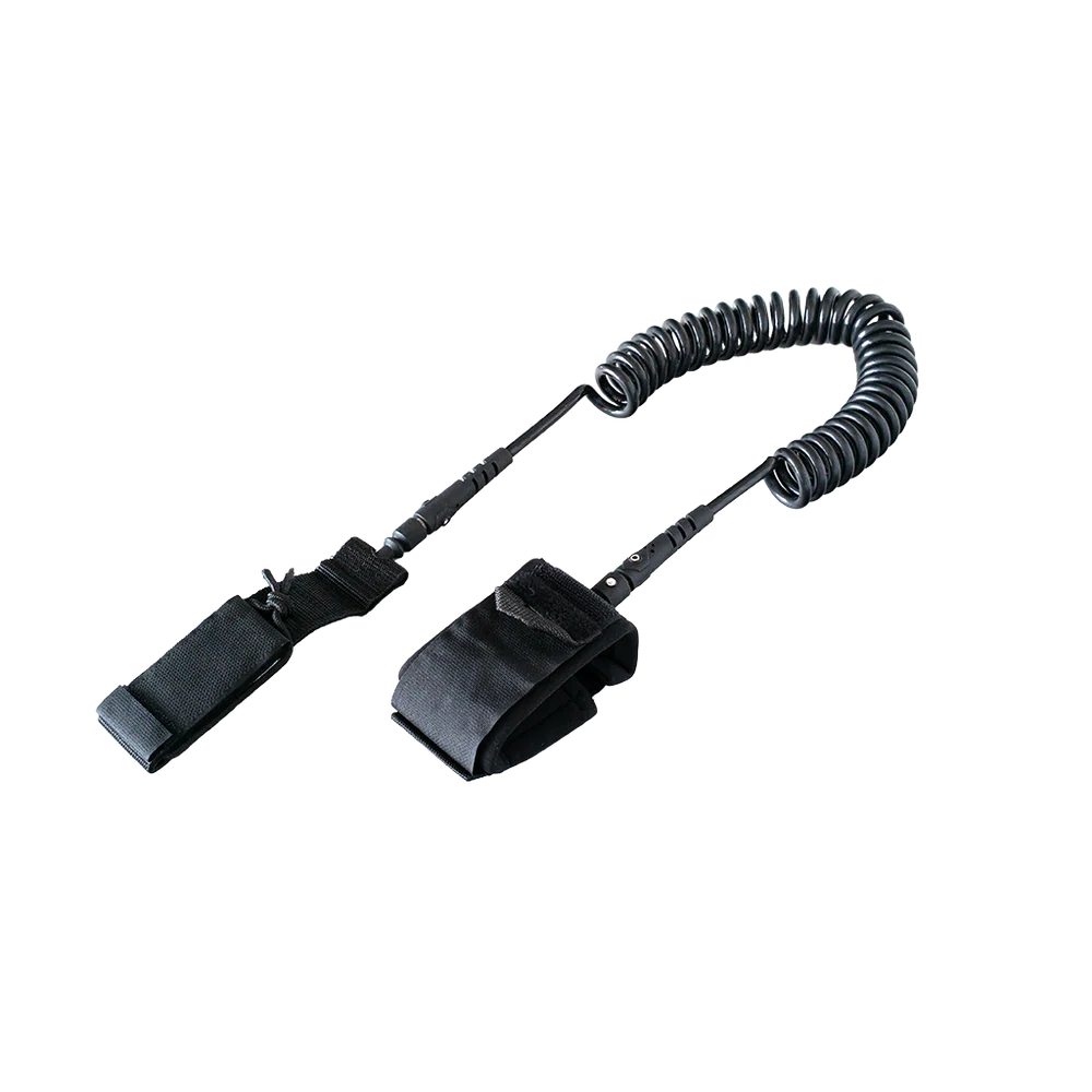 Black coiled lanyard with two attachments on a white background