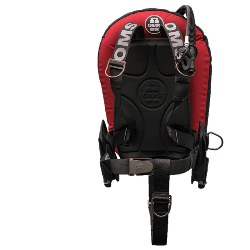 Red and black scuba diving BCD with OMS branding on a white background