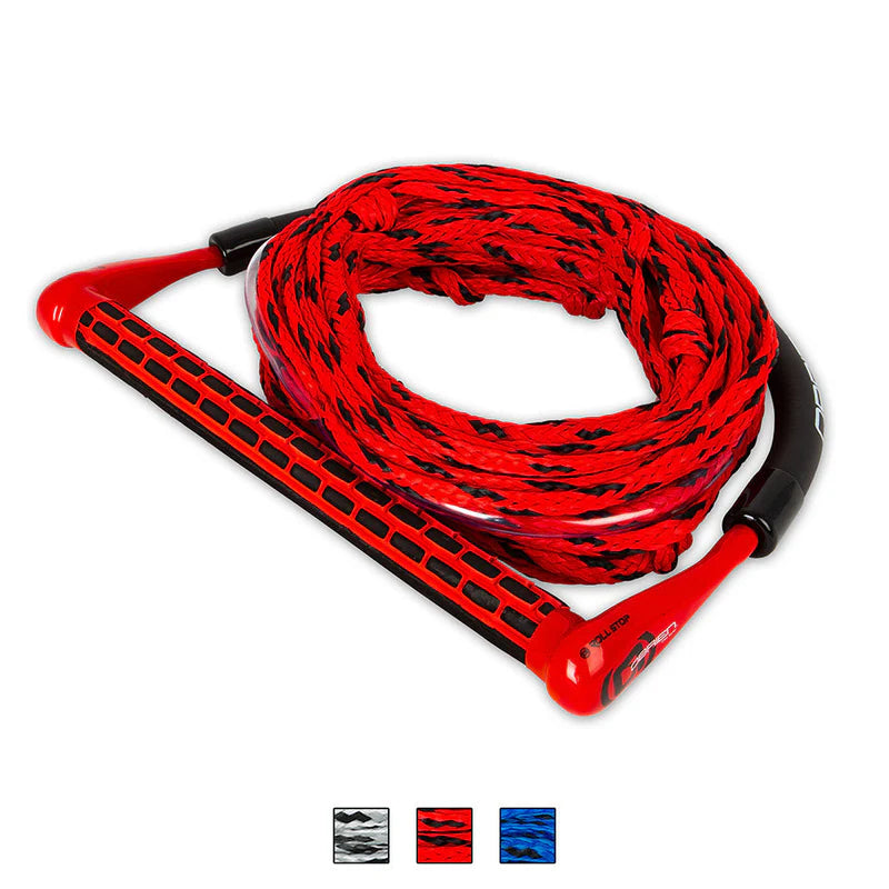 Red and black water ski rope with handle on a white background