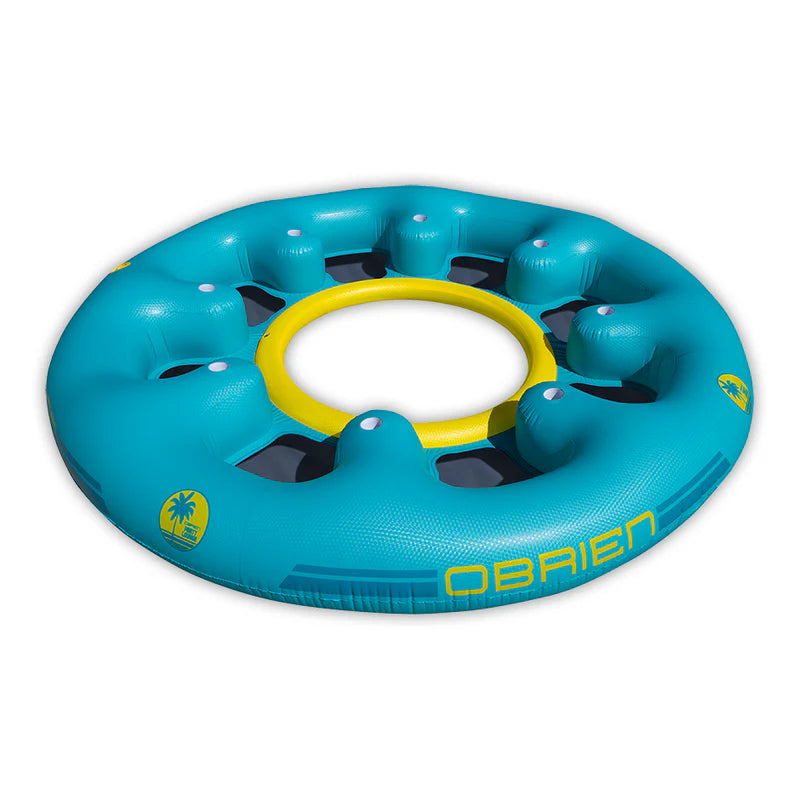 Blue inflatable ring with yellow handle on a white background