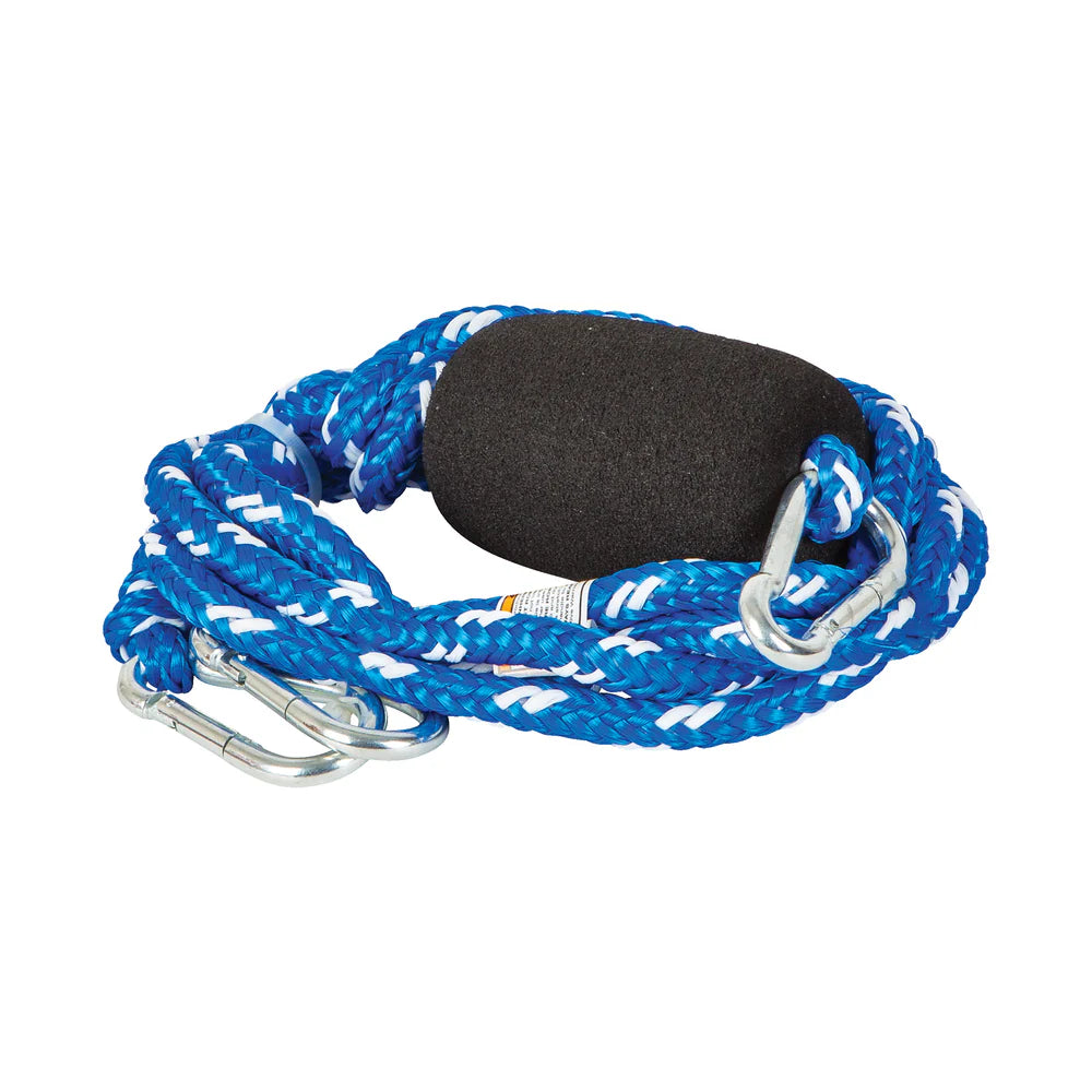 Blue and white rope with a black float and silver carabiners on a white background