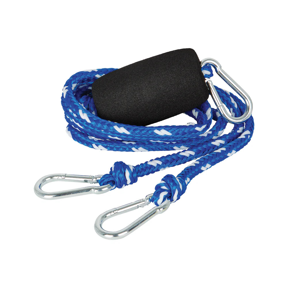 Blue and white rope with black foam handle and carabiners on a white background