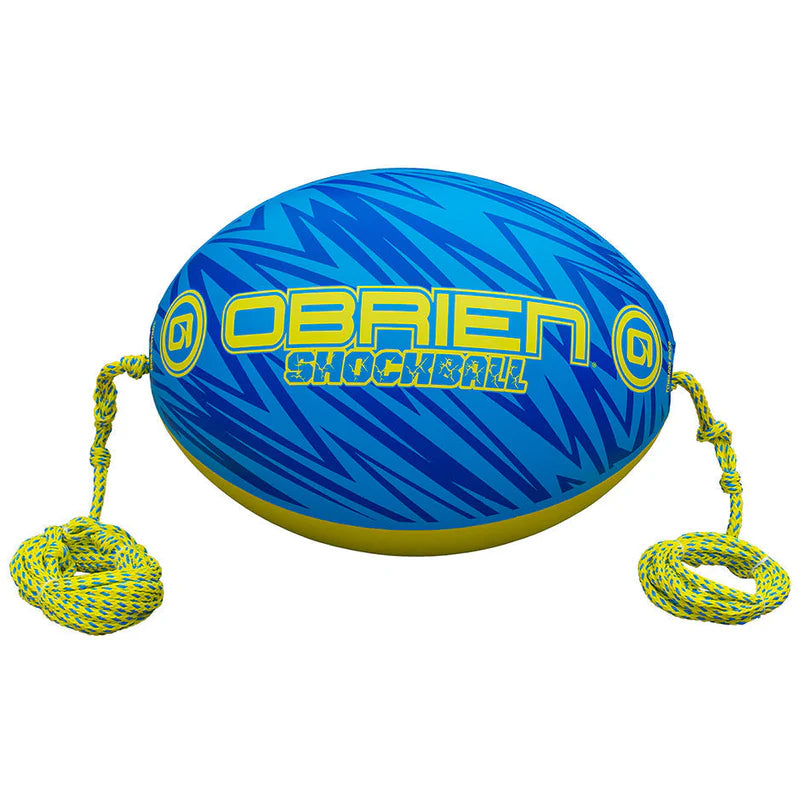 Blue and yellow O'Brien Shock Ball with a rope on a white background