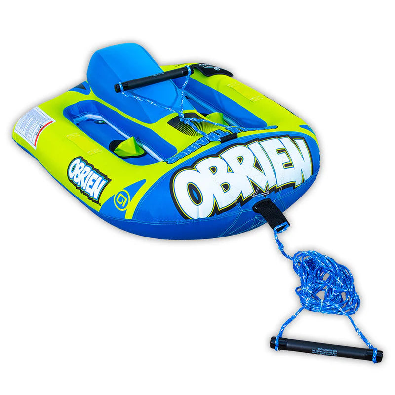 Inflatable tube with handle and rope, featuring the brand 'O'Brien', on a white background.