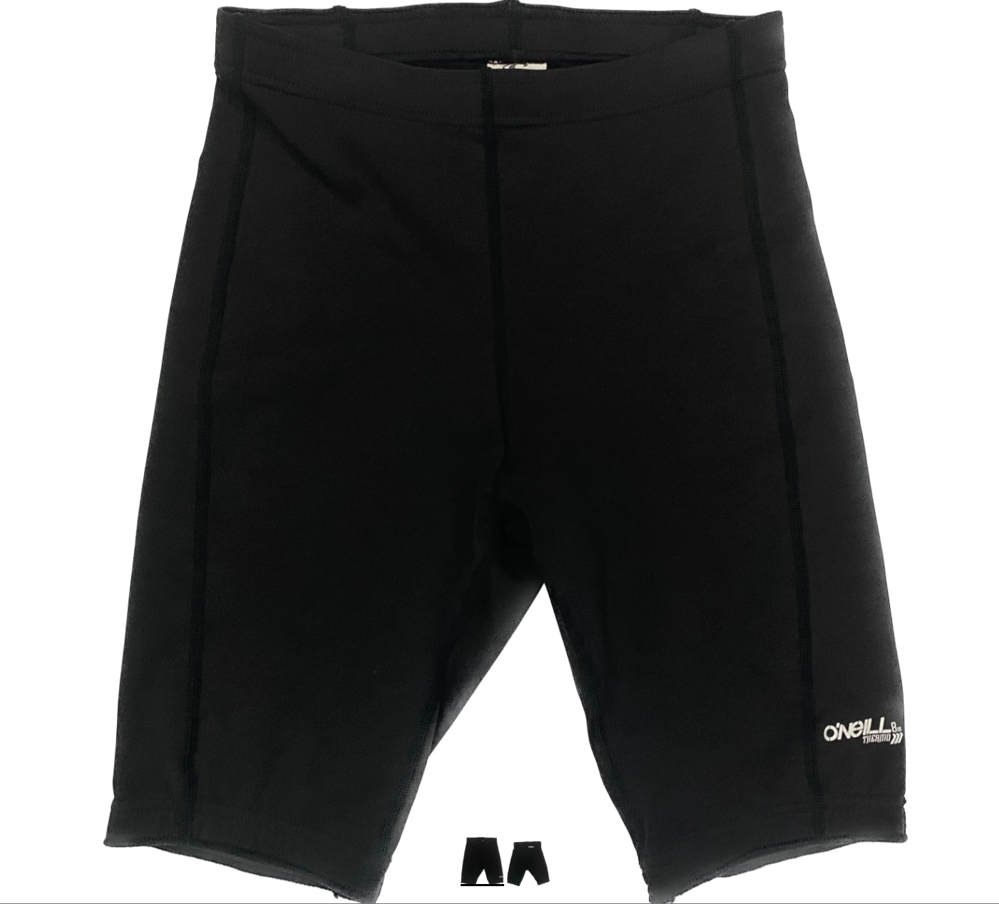 Black shorts with a brand logo on a white background