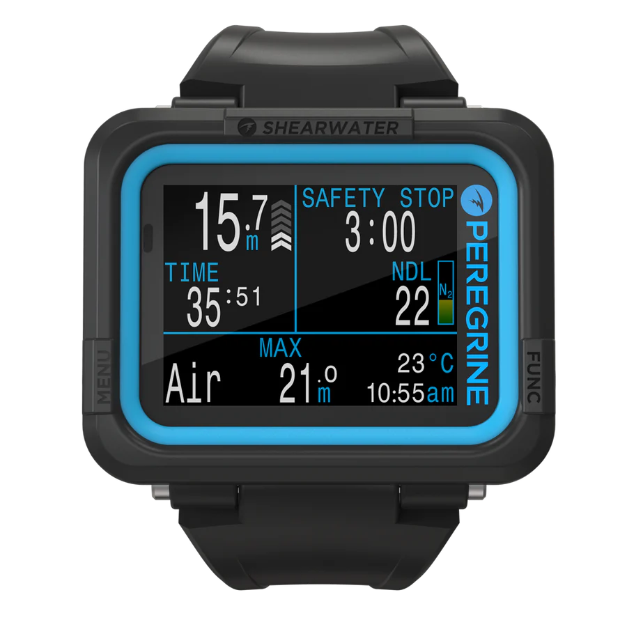 Black dive computer watch with digital display on a white background