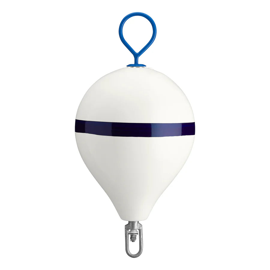 White buoy with blue stripe and ring on a white background