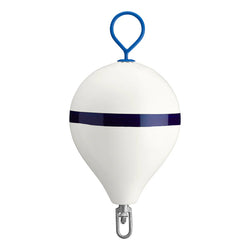 White buoy with blue stripe and ring on a white background