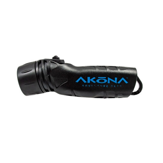 Black flashlight with 'Akona' branding on a white background