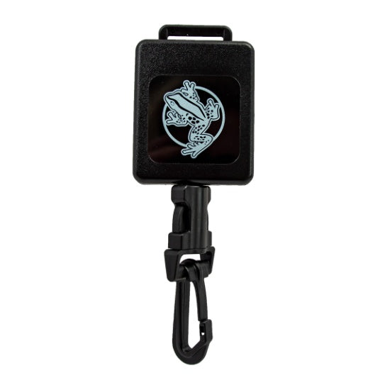 Black retractable key holder with a logo on a white background