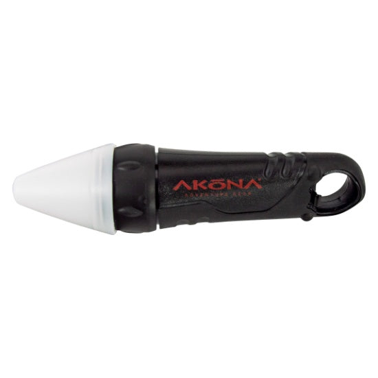 Black and white flashlight with 'Akona' branding on a white background