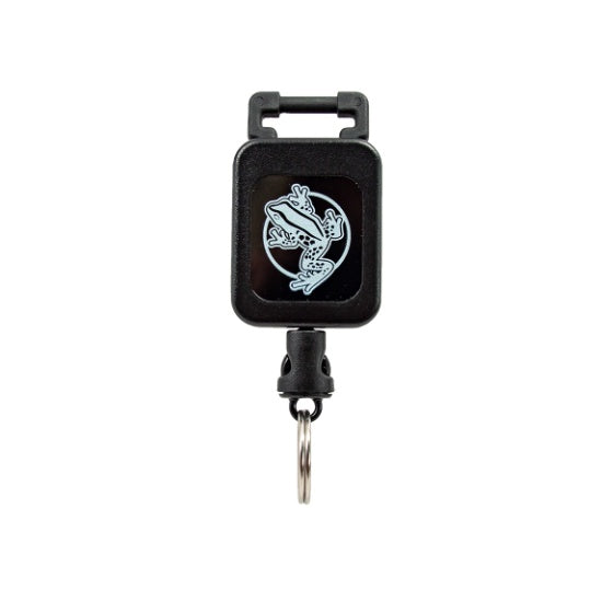 Black retractable key holder with a logo on a white background