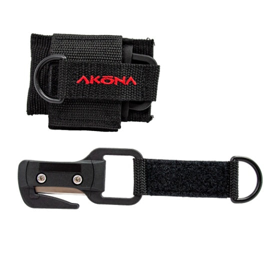 Black strap with a buckle and red 'Akona' logo on a white background