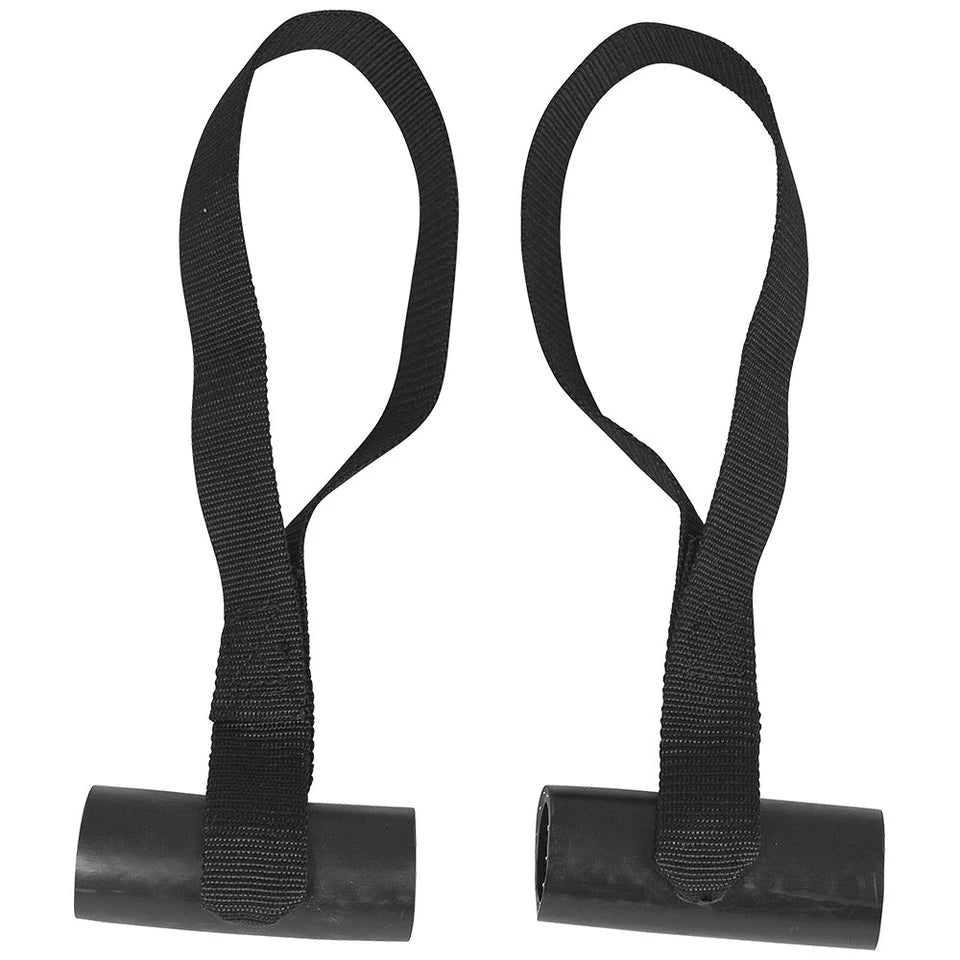 Two black straps with cylindrical ends on a white background