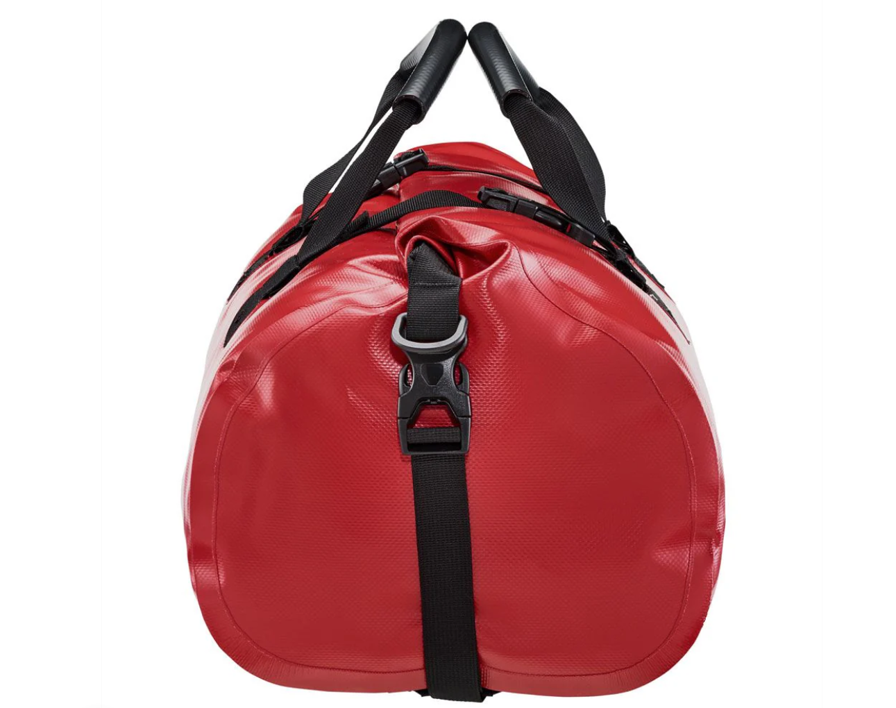 Red duffel bag with black straps on a white background