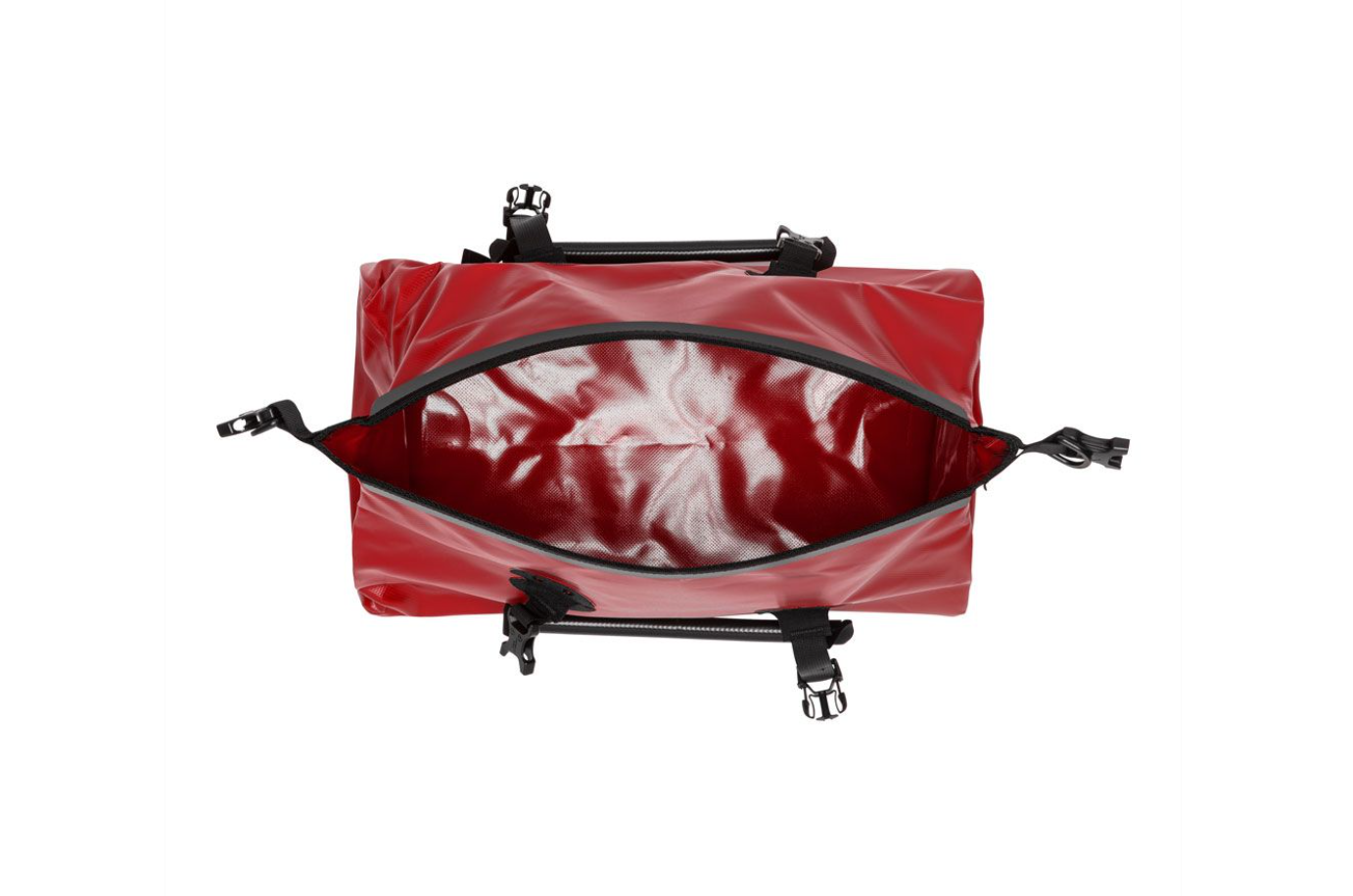 Red bag with black zippers on a white background