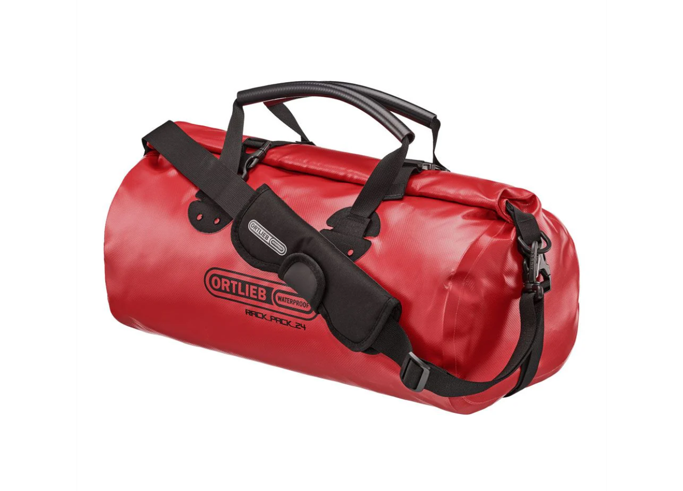 Red duffel bag with black straps on a white background