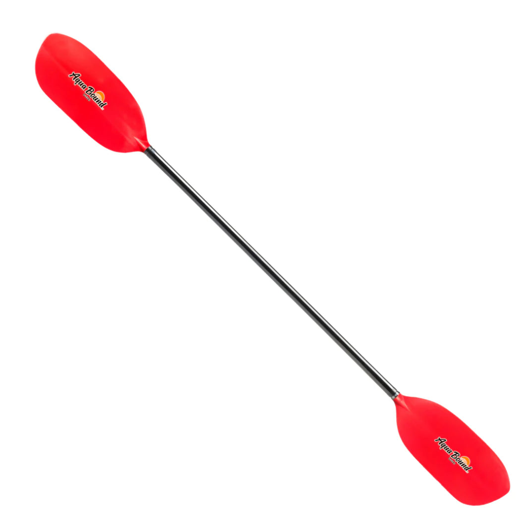 Red kayak paddle with black shaft on a white background