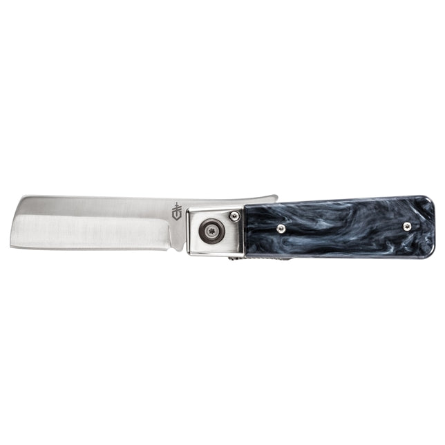 Folding knife with a black and gray handle on a white background