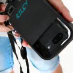 Phone case with 'Riley' branding on a black background
