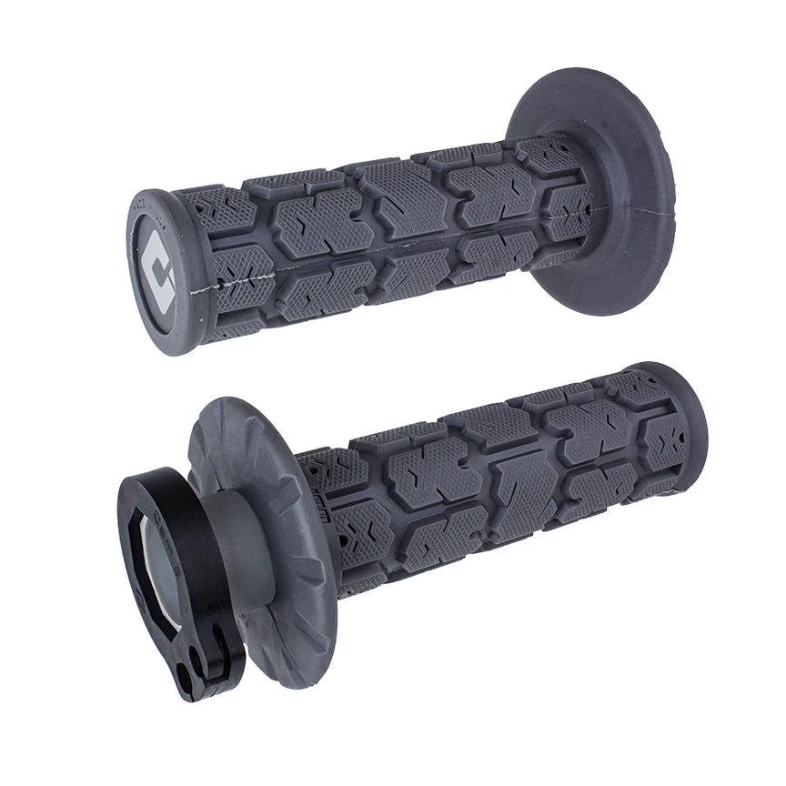 Pair of black motorcycle grips with textured design on a white background