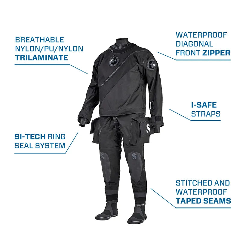 Black waterproof suit with features highlighted on a white background