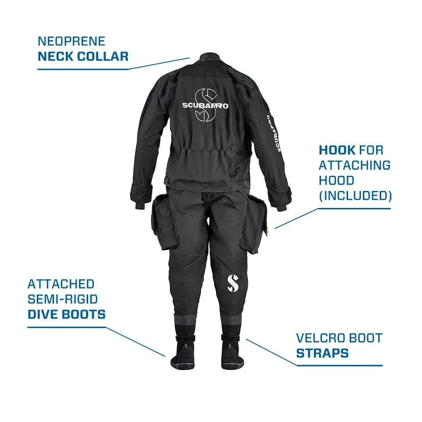 Black diving suit with features highlighted on a white background