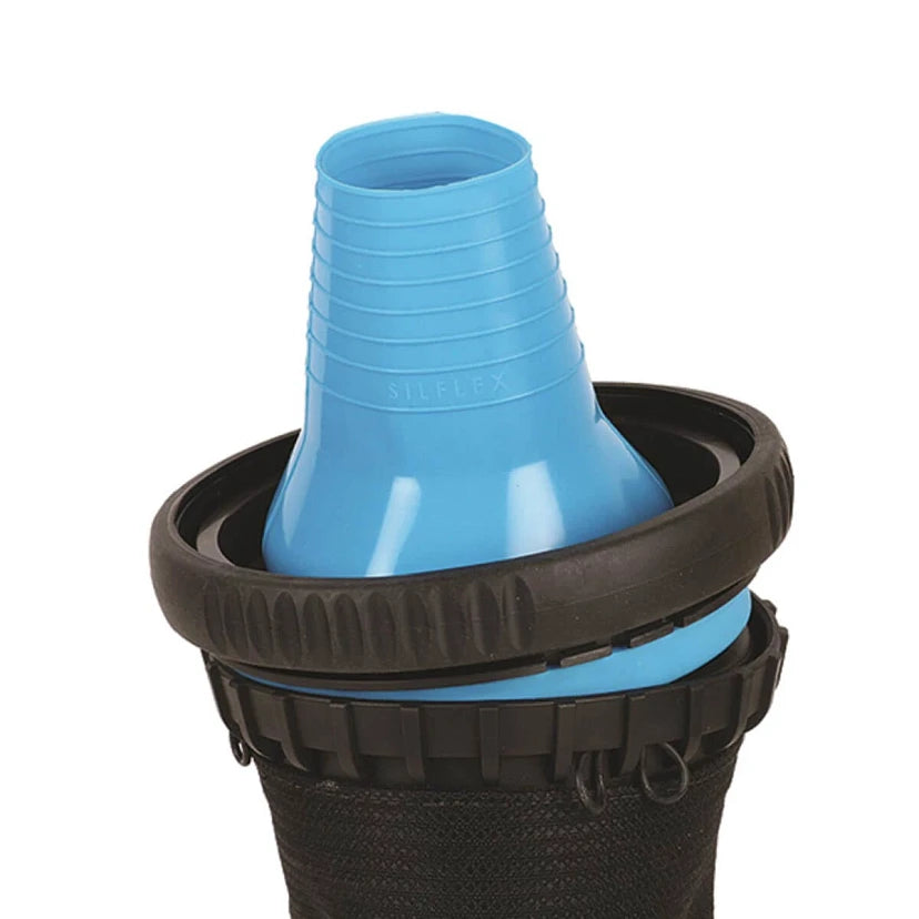 Blue plastic cone inside a black holder on a white background