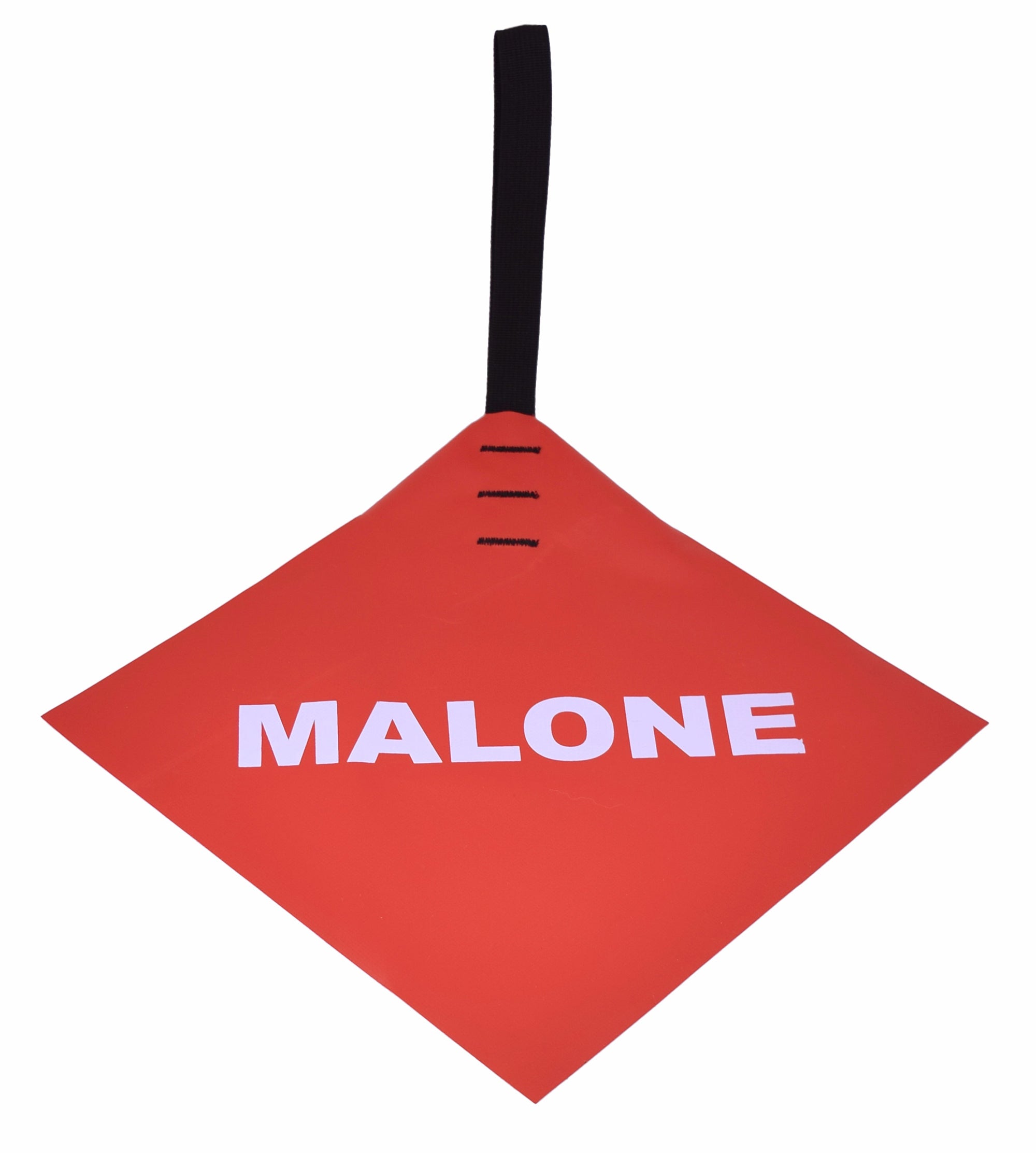 Red diamond-shaped sign with 'MALONE' text on a white background
