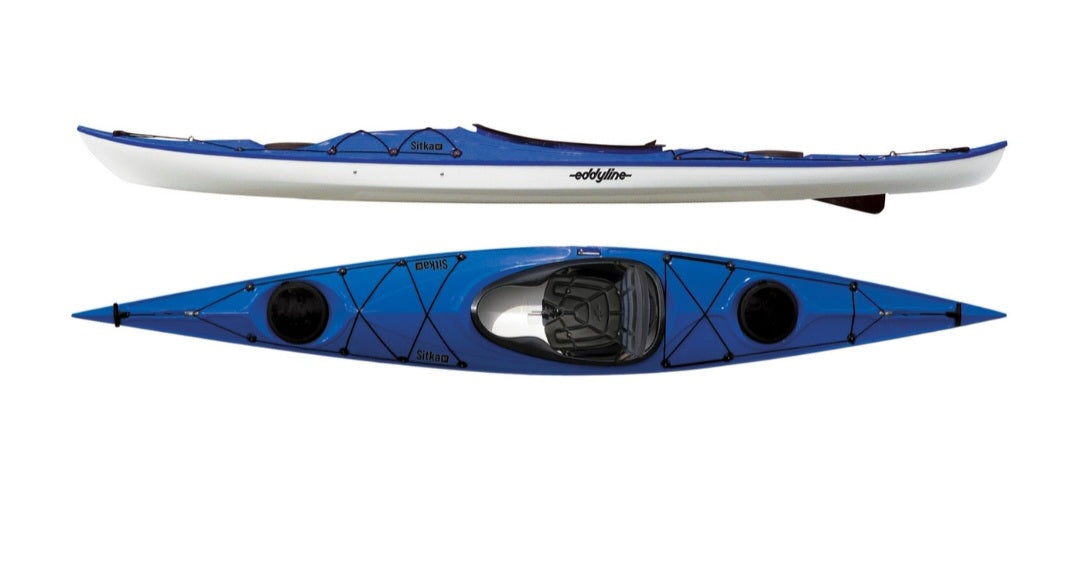 Two kayaks, one blue and white, the other blue with black accents, on a white background.