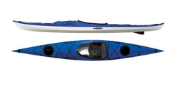 Two kayaks, one blue and white, the other blue with black accents, on a white background.