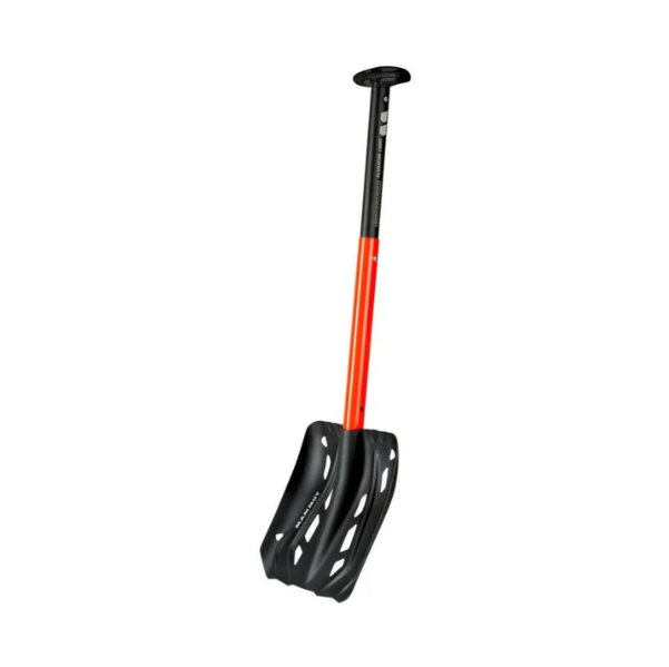 Black and orange snow shovel on a white background