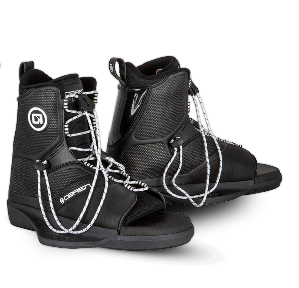 Pair of black boots with white laces on a white background