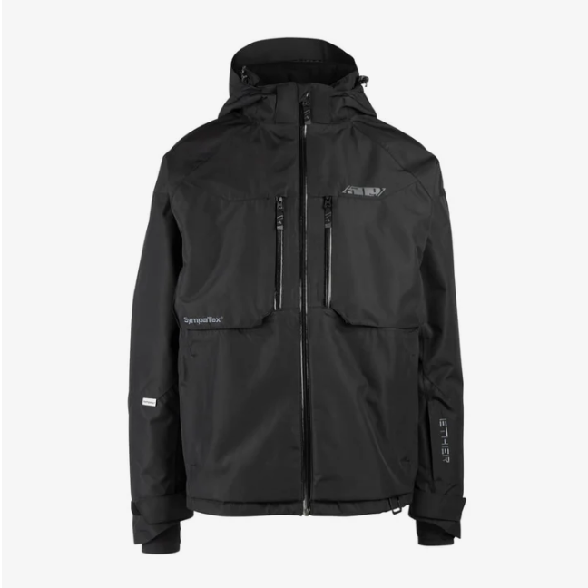 Black jacket with brand logos on a white background