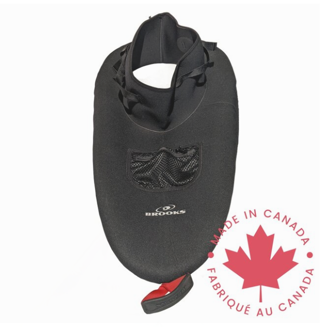 A black Brooks boxing headgear with a red and black mouthguard, shown against a white background with a red 'Made in Canada' maple leaf graphic in the bottom right corner.