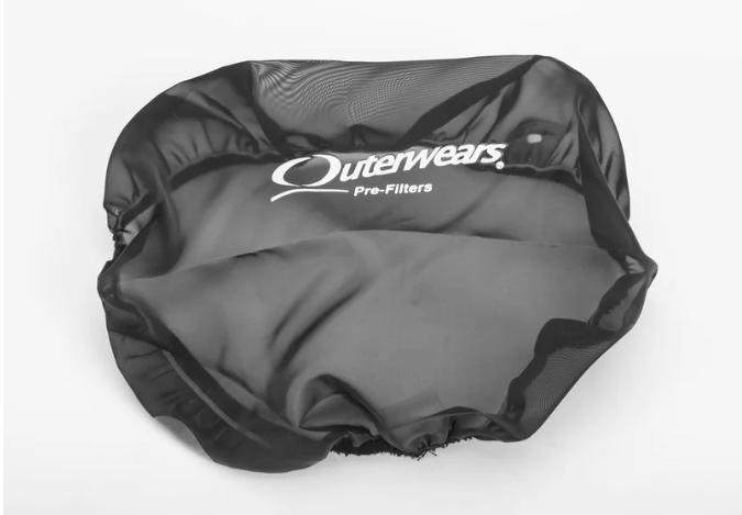 A black mesh and fabric pre-filter cover for a motorcycle exhaust system, featuring the white 'OuterWears' brand logo, shown on a plain white background.