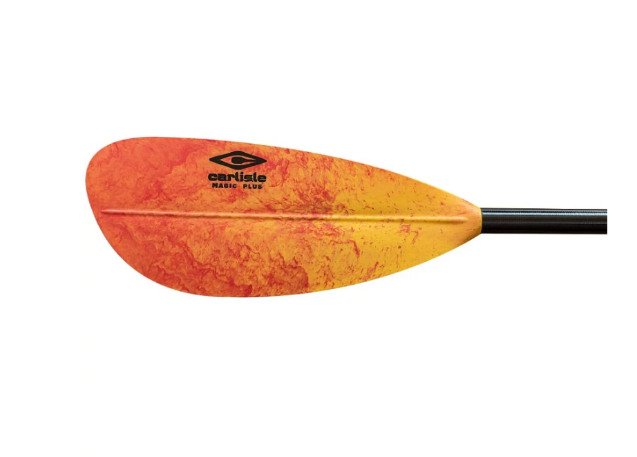 Orange and yellow kayak paddle with black handle on a white background