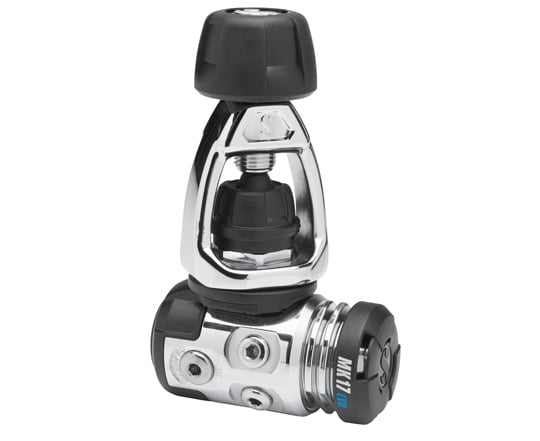 Mechanical valve or component with metallic and black parts on a white background