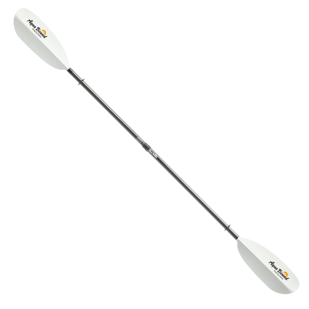 Kayak paddle with white blades and black shaft on a white background