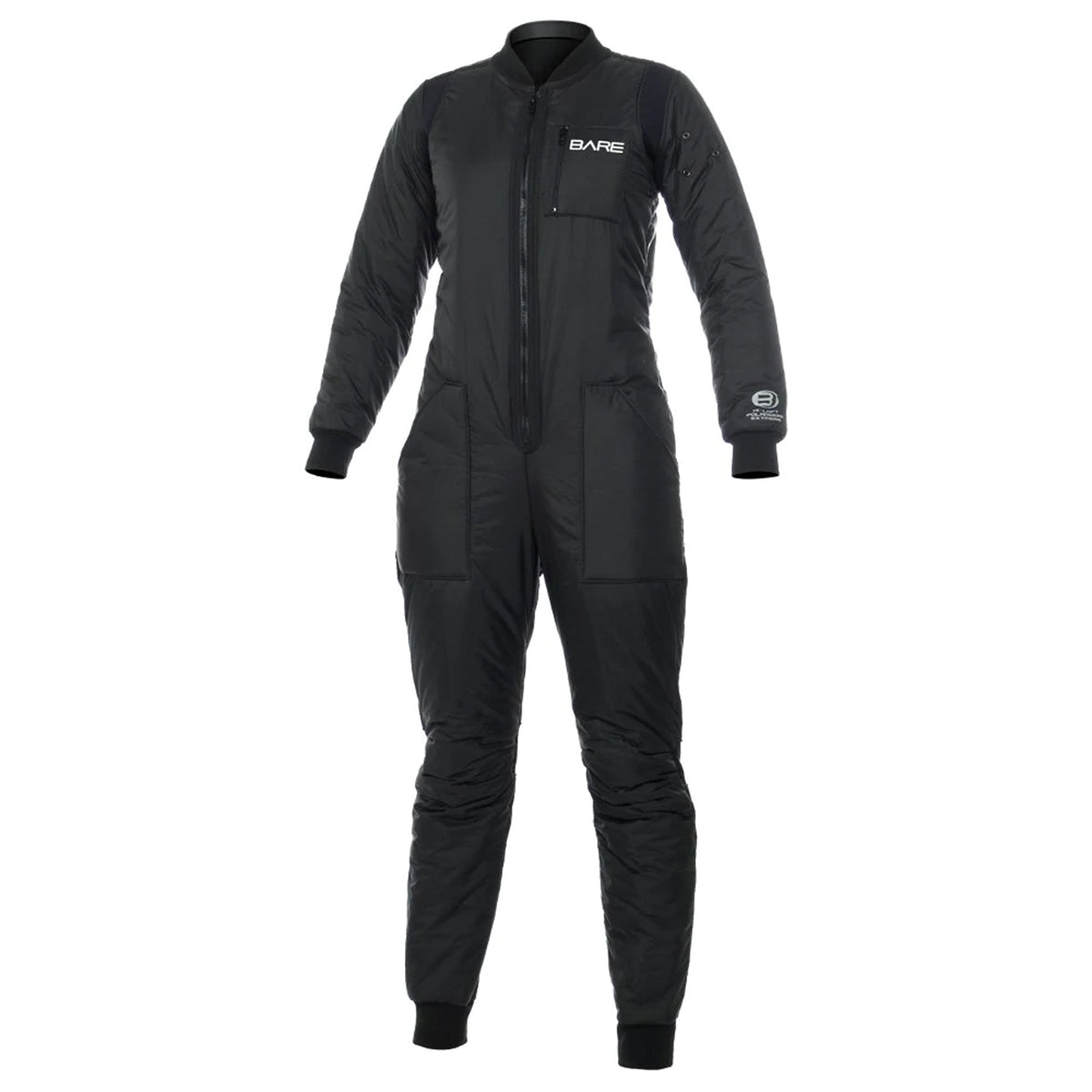 Black racing suit with 'Bare' branding on a white background