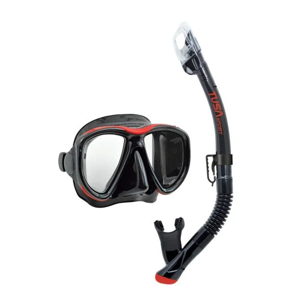 A black and red snorkeling mask and snorkel set on a plain white background. The mask features a clear lens, black frame with red trim, and a black strap.