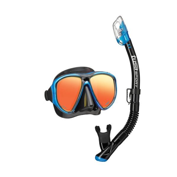 A black and blue snorkel mask set with orange mirrored lenses, shown on a plain white background. The mask features a black frame with a blue border, and the snorkel is black with blue accents and white branding.