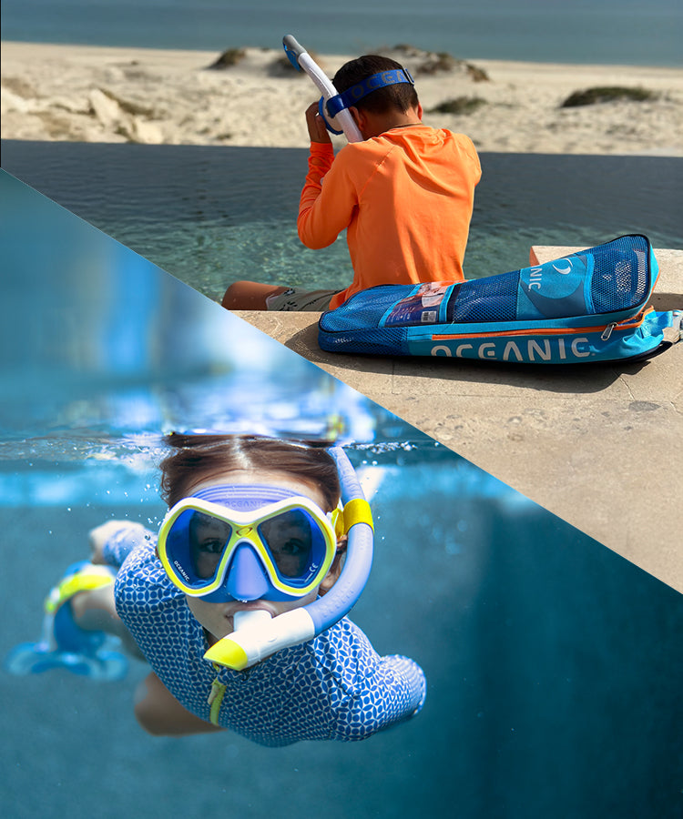 Child in a pool wearing snorkeling gear with another child on a beach with snorkeling equipment.