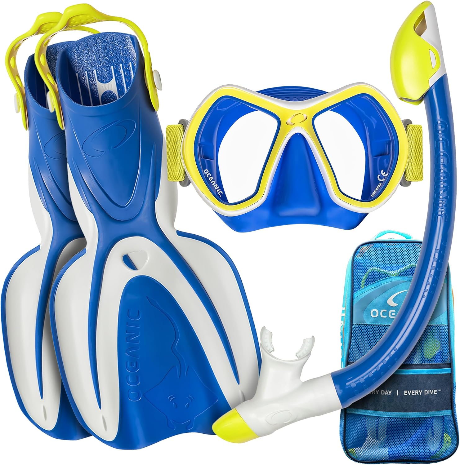 Blue and yellow diving mask, snorkel, and fins set with a bag on a white background