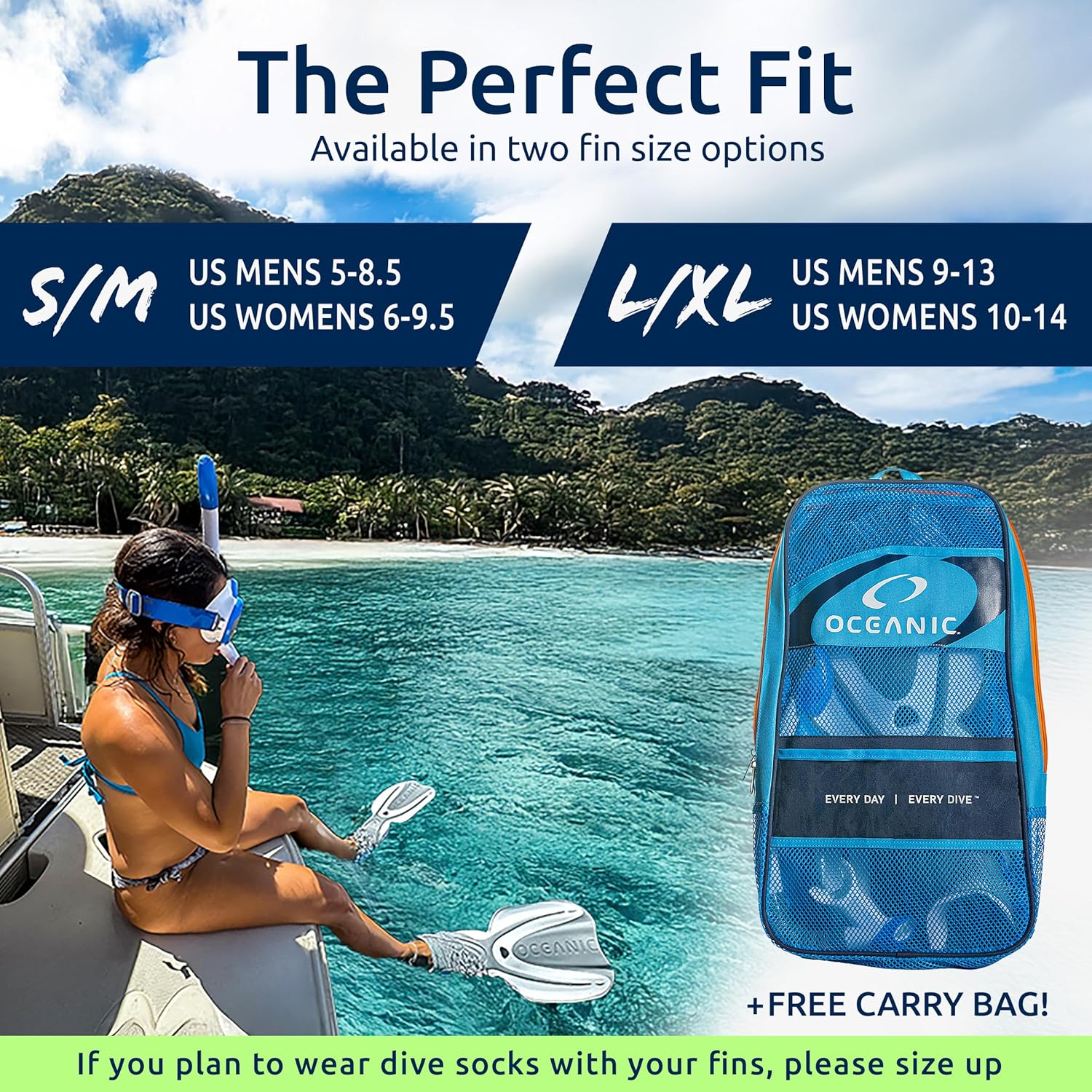 Woman sitting on a boat with scuba fins and a blue Oceanic fin bag, set against a tropical island backdrop.