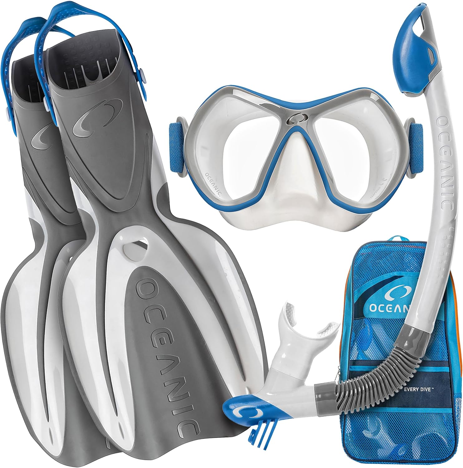 Oceanic diving mask, fins, and snorkel set on a white background