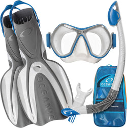 Oceanic diving mask, fins, and snorkel set on a white background